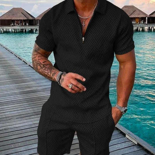 LEON™ | POLO SHIRT & SHORTS SET IN MIDNIGHT BLACK