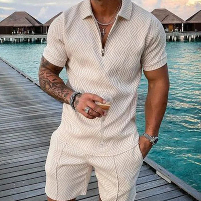 LUKAS™ | POLO SHIRT & SHORTS SET IN CREAM WITH LAPEL COLLAR